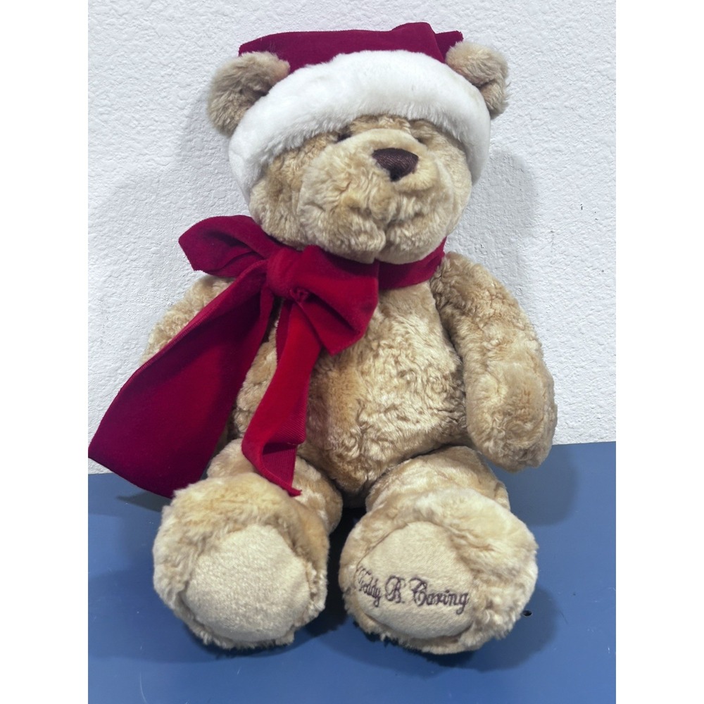 GUND Teddy B Caring Bear Plush Tan Christmas Santa Hat Bow 43635 Stuffed 16"